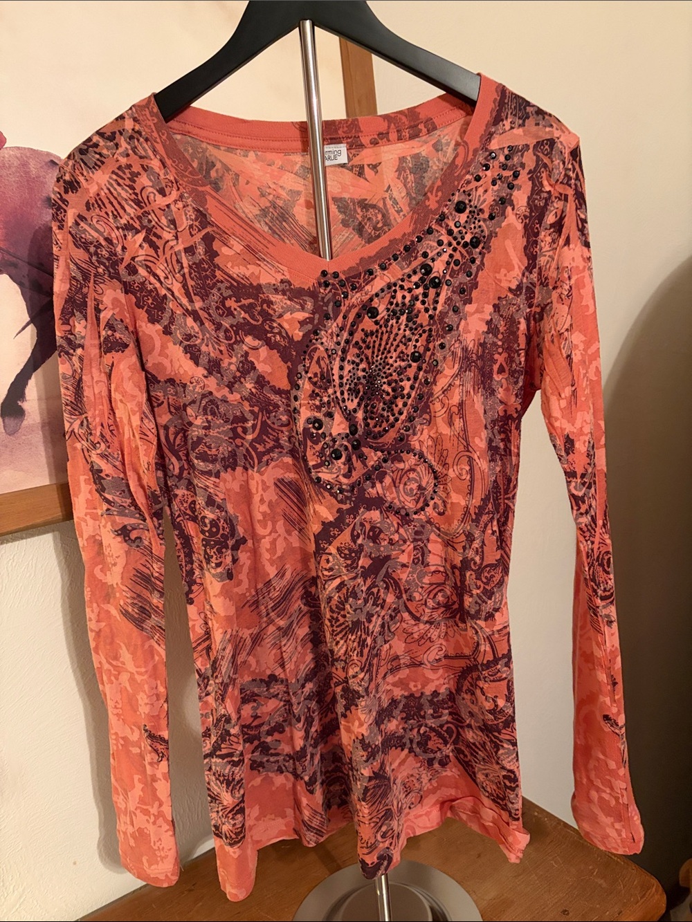 Charming Charlie Coral orange & black Printed Long Sleeve Top with Rhinestones